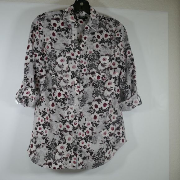 Talbots Long Sleeve Roll-Tab Blouse Gray Floral Full Button Collared Shirt Small - Picture 2 of 12